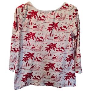Talbots Womens Red White Tropical Palm Tree Sailboat Print Boatneck Tee Large